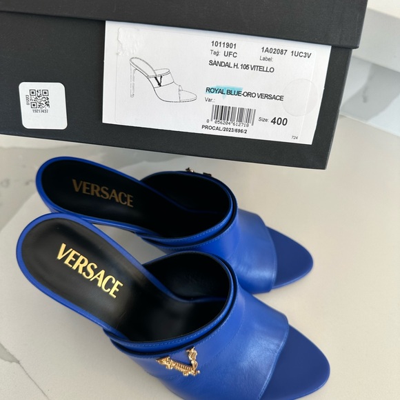 Versace Logo Mules Sandals Heels Blue - Picture 4 of 6